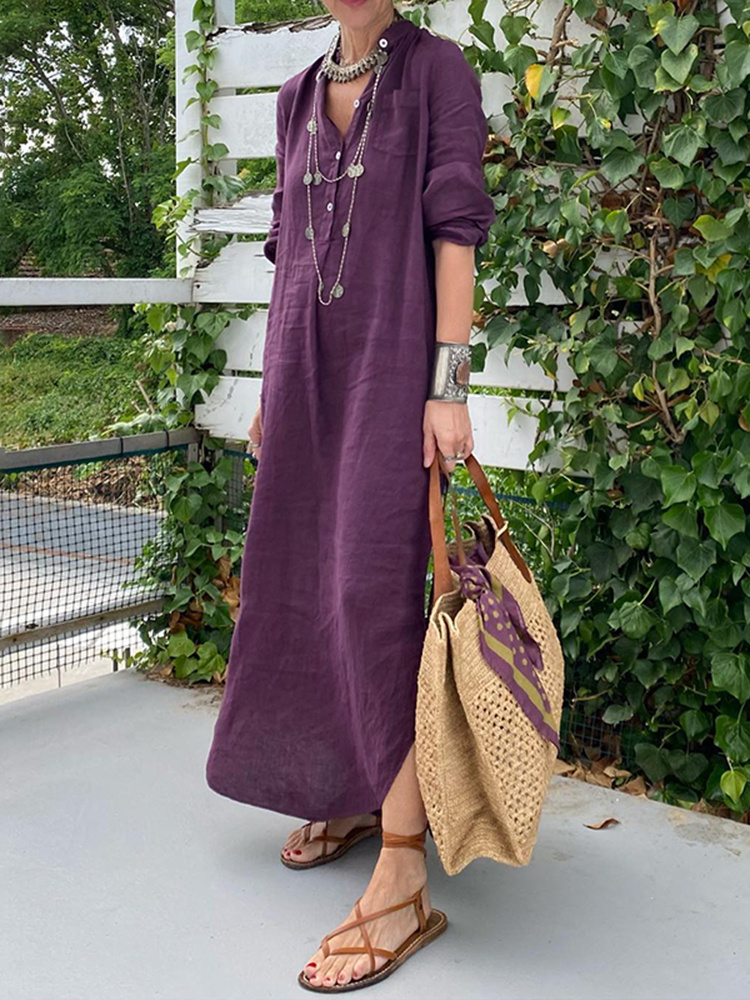 Solid Color Comfortable Casual Loose Fitting Long Sleeved Maxi Dress