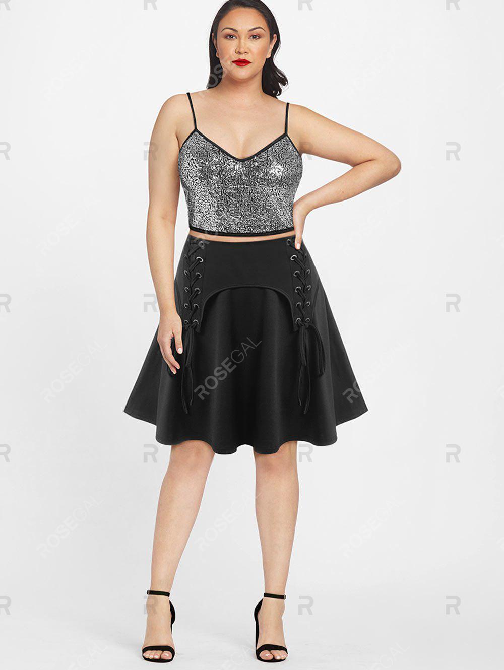 Sequin Bra Top and Lace Up Mini A Line Skirt Plus Size Festival Outfit