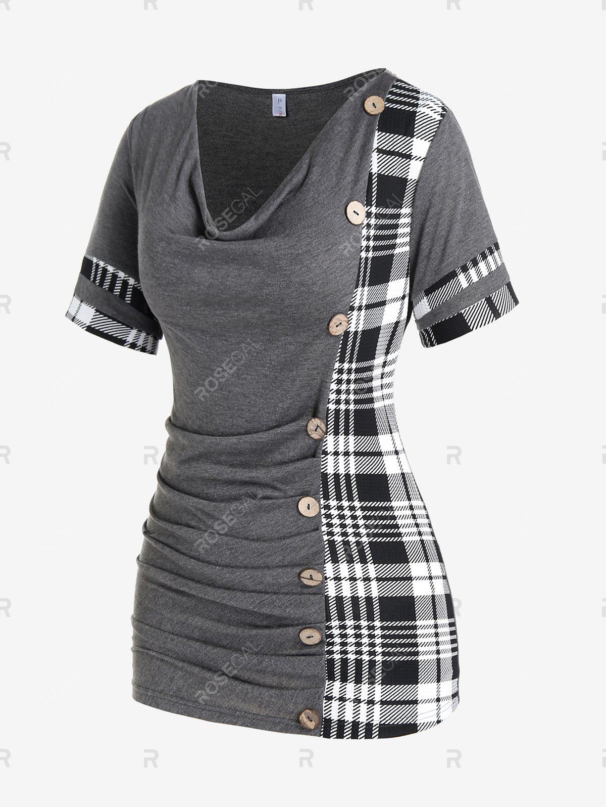 Plaid Cowl Neck Ruched Tee and 3D Lace Up Jean Print Leggings with Buttons Plus Size Outfit