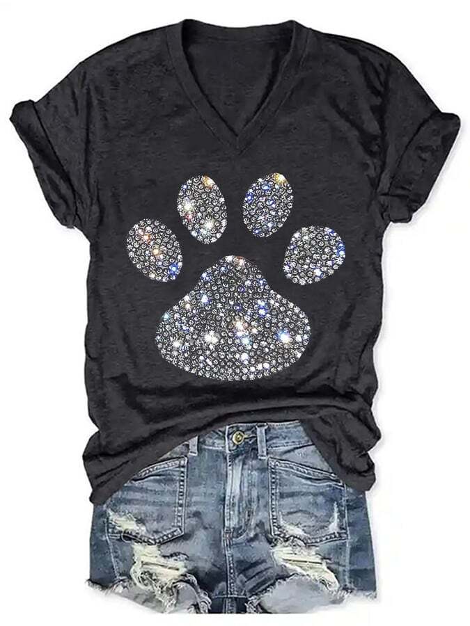 Women's Dog Paw Rhinestone Print T-Shirt