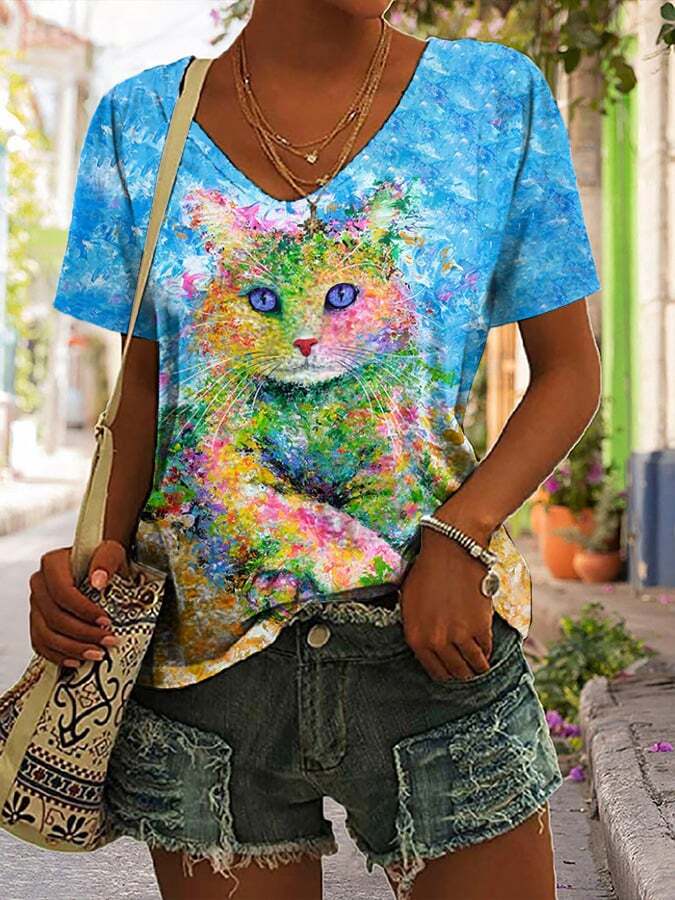 Watercolor Cat Print Short Sleeve T-Shirt