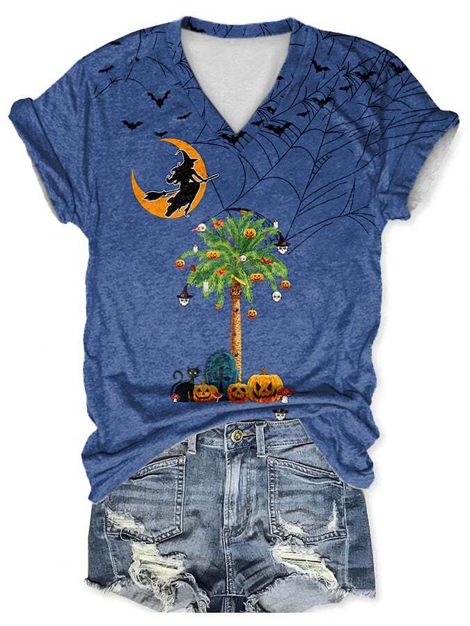 V-neck Halloween South Carolina Witch Pumpkins Palm Tree Print T-Shirt