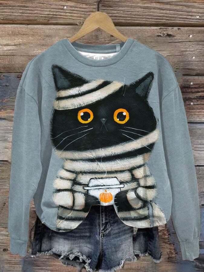 Women's Cat Print Round Neck Sweatshirt
