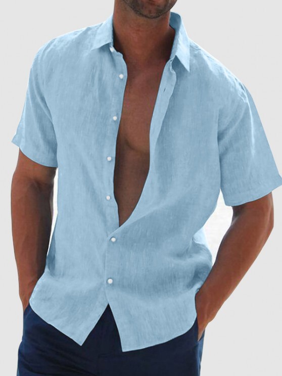 Cotton and Linen Textured Asymmetric Hem Short Sleeves Shirt