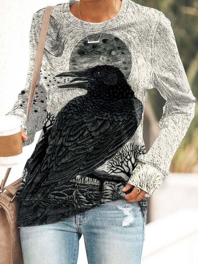 Women's Halloween Raven Pattern Art Print Long Sleeve Sweatshirt