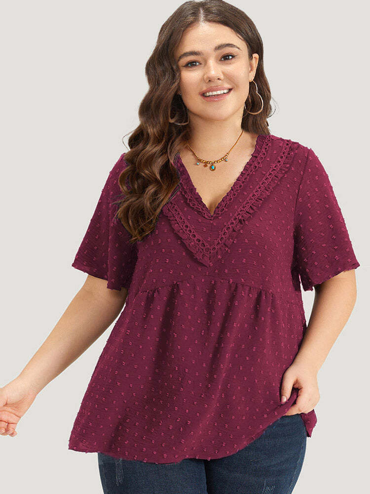 Polka Dot Frill Trim V Neck Flutter Blouse