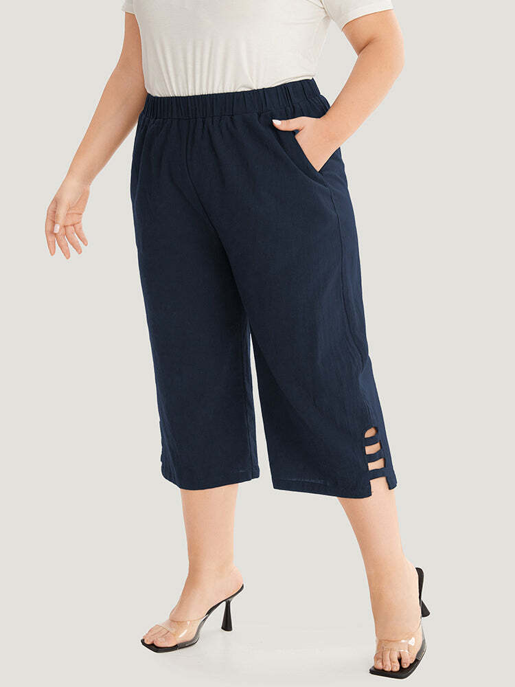 Solid Cut Out Pocket Loose Cropped Pants