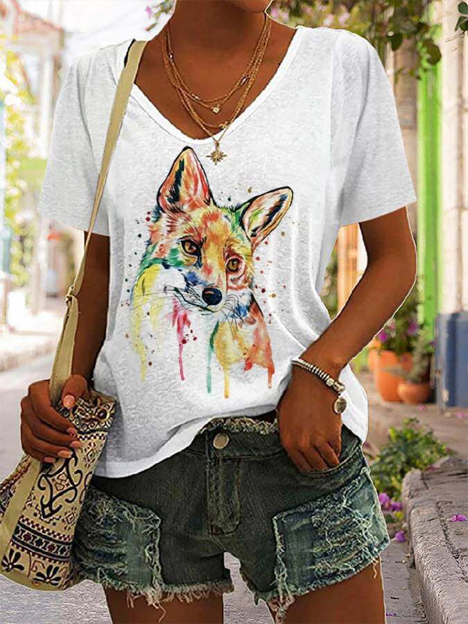 Women's Watercolor Fox Casual T-Shirt