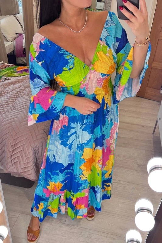 Abstract Floral Print V-Neck Neck Slipped Long Dress