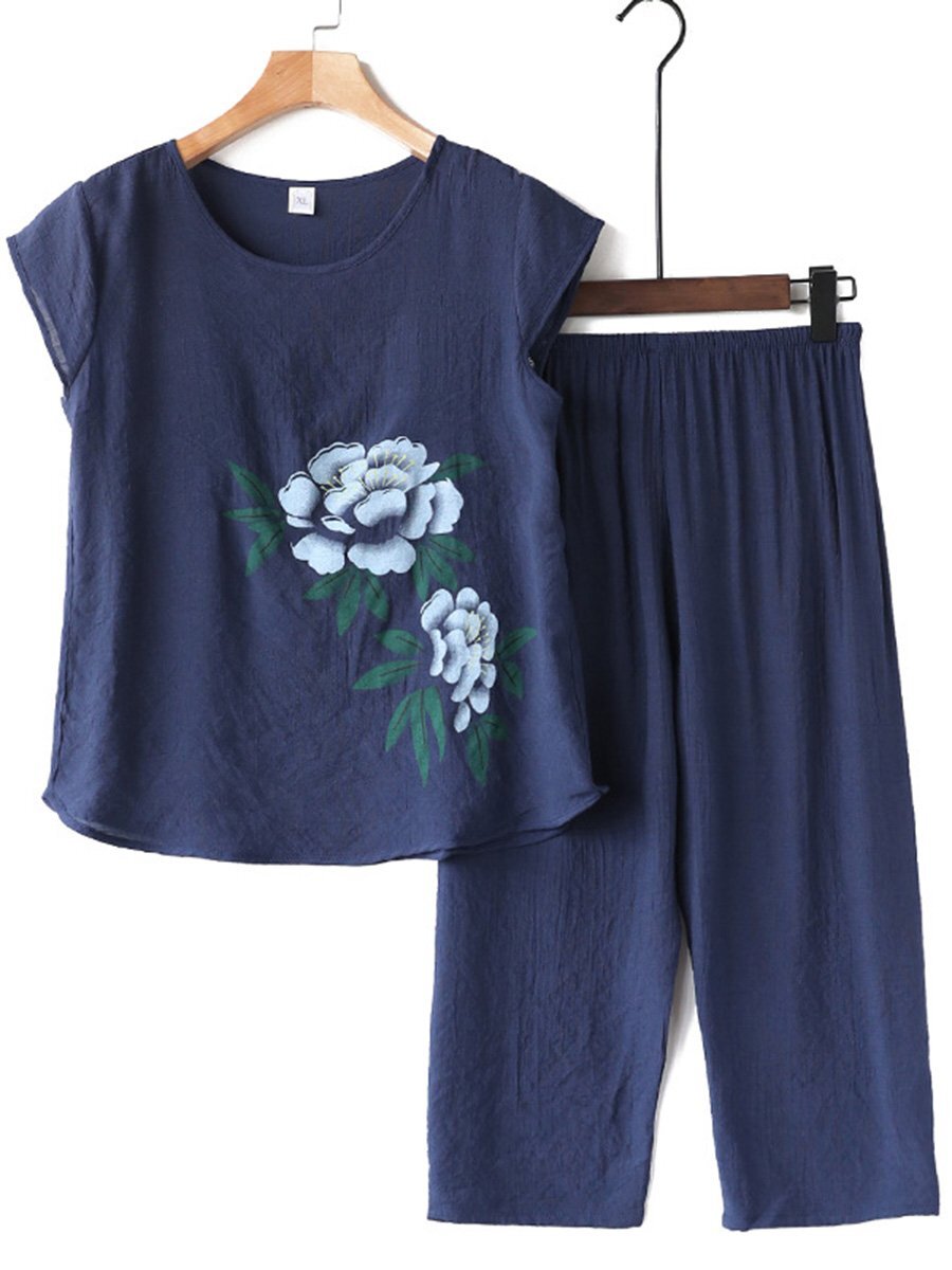 Cotton Linen Short Sleeved Thin Grandma Pajama Two-piece Set