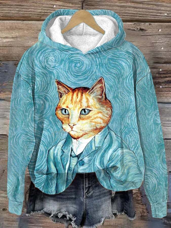Women's Funny Kitten Van Gogh Self-Portrait Printed Hooded Sweatshirt