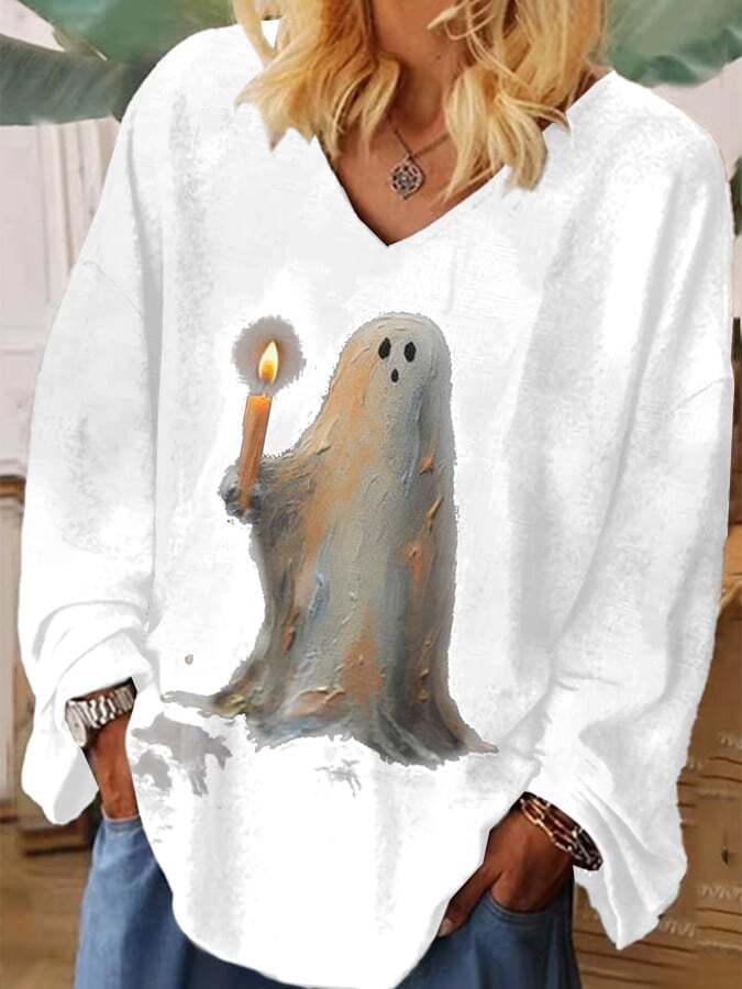 V Neck Retro Ghost Painting Candle Long Sleeve T-Shirt