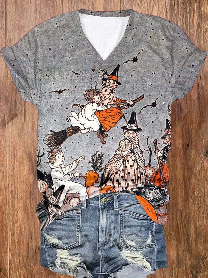 Women's  Vintage Halloween Witch Broom Pumpkin Printed Casual T-shirt