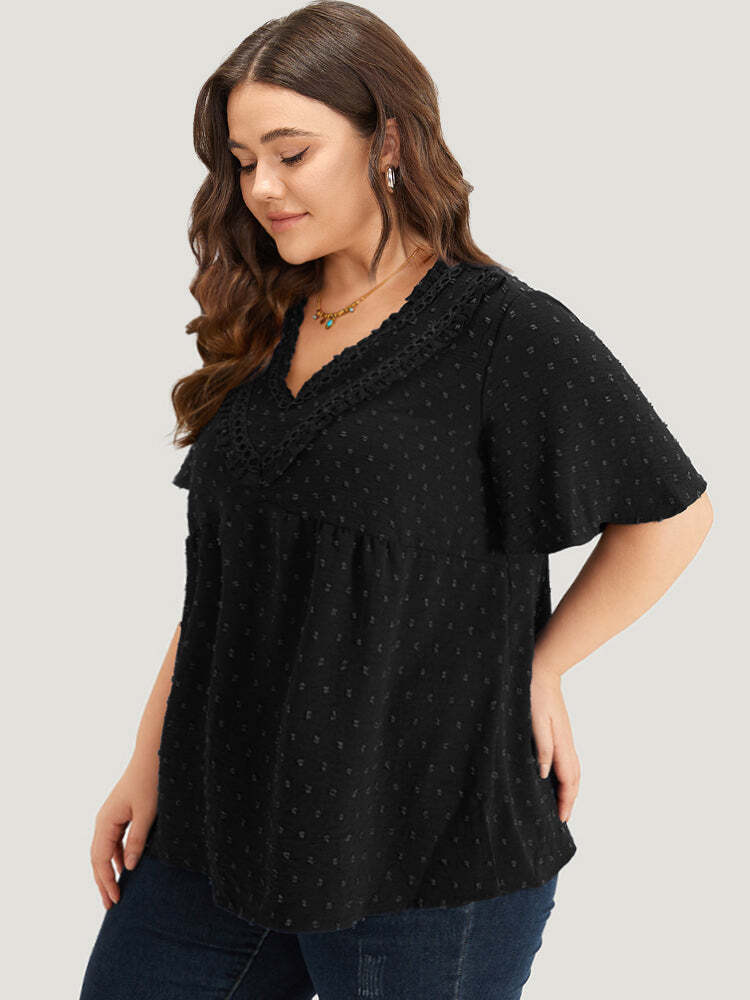 Polka Dot Frill Trim V Neck Flutter Blouse