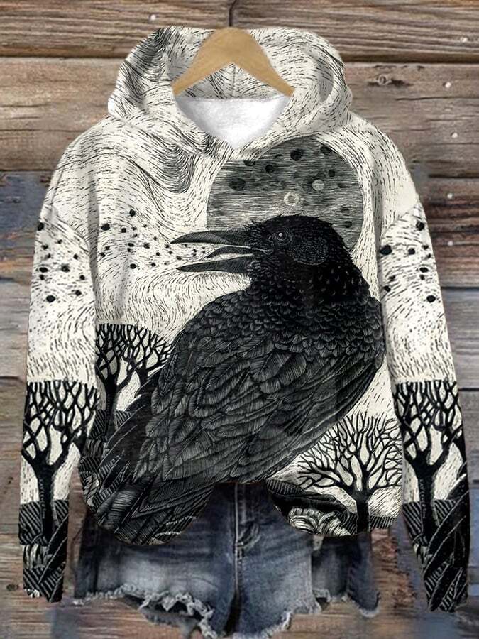 Women's Halloween Raven Pattern Art Print Casual Hoodie