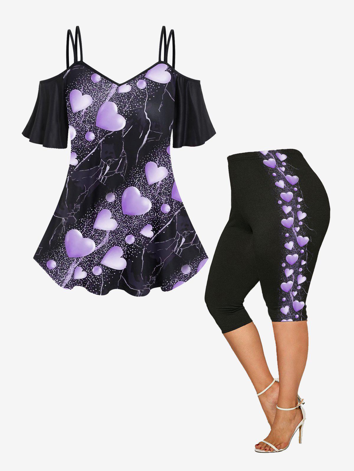 Heart Printed Cold Shoulder T Shirt and Leggings Matching Set Plus Size Summer Outfit