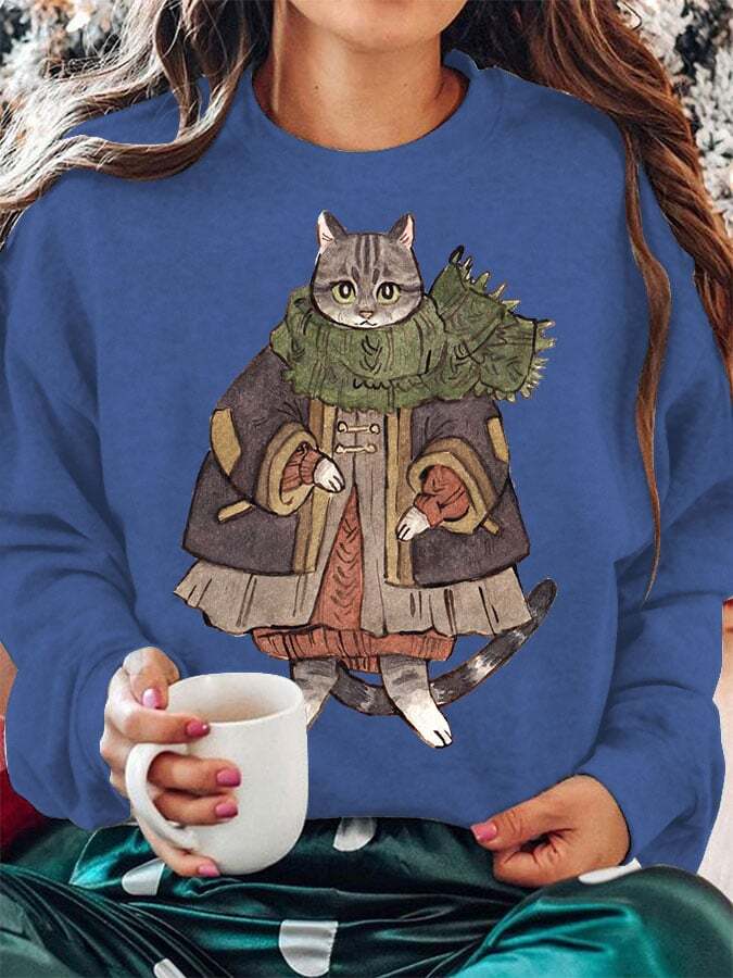 Women's Winter Cat Print Crew Neck Sweatshirt