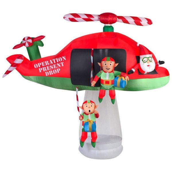 Christmas-animated inflatable santa and elves in an animated helicopter scene