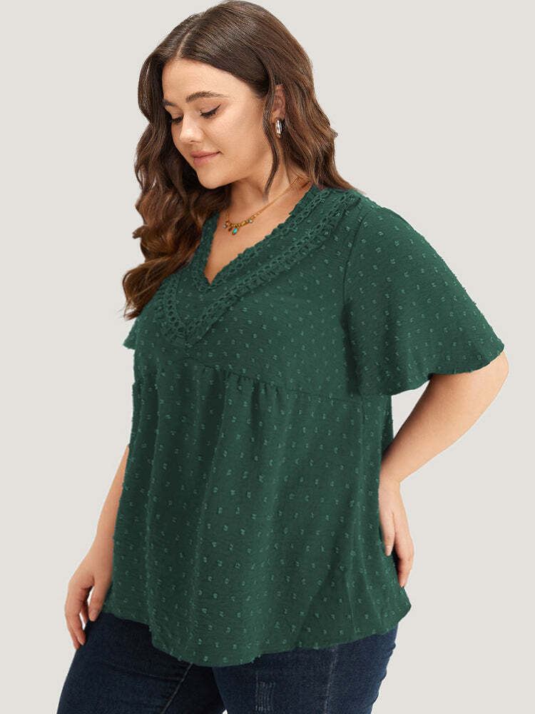 Polka Dot Frill Trim V Neck Flutter Blouse