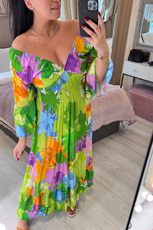 Abstract Floral Print V-Neck Neck Slipped Long Dress