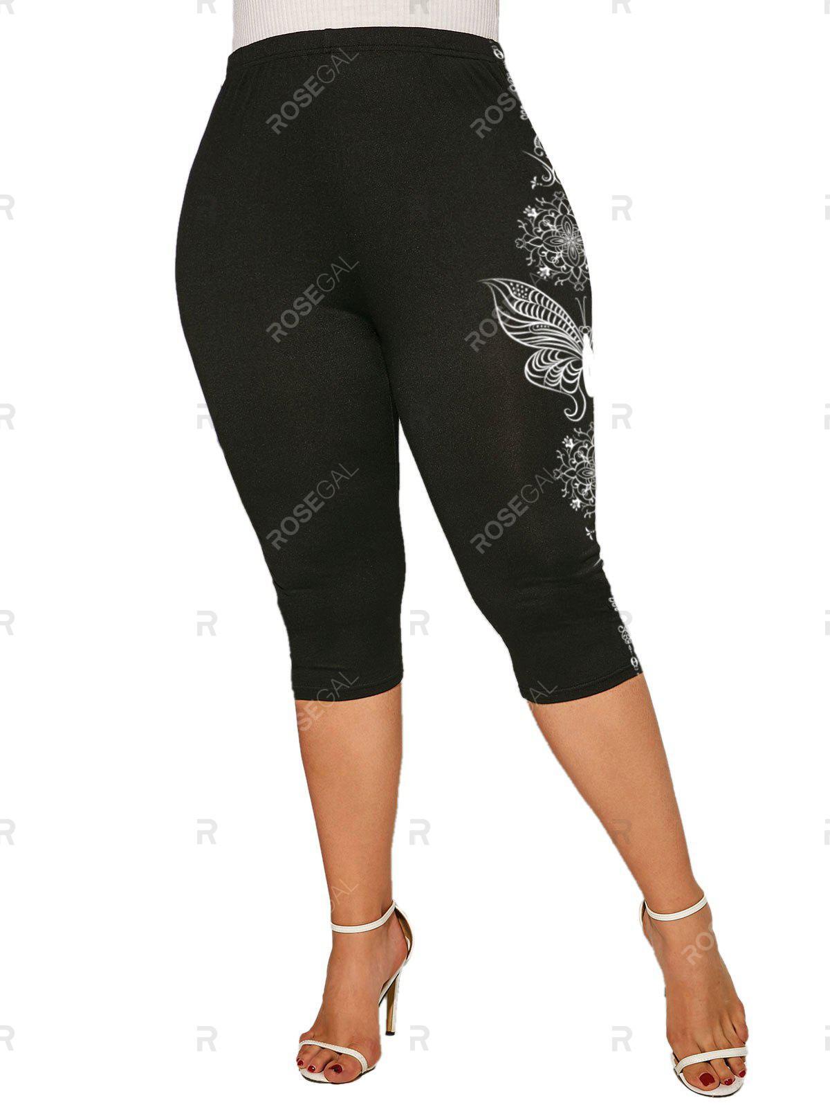 Cutout Butterfly Rose Print Cinched Tee and Curve Capri Leggings Plus Size Summer Outfit