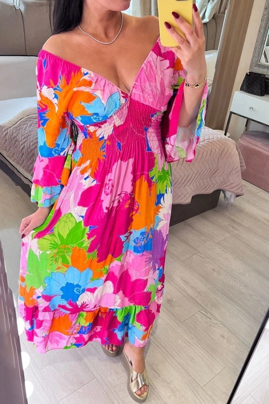 Abstract Floral Print V-Neck Neck Slipped Long Dress