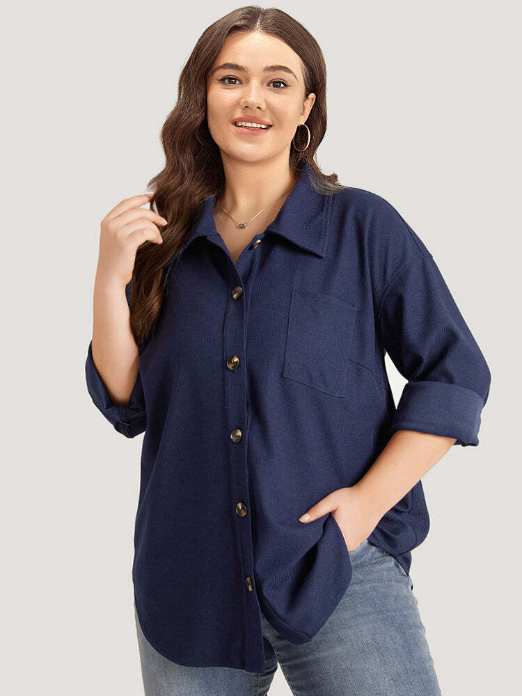 Plain Shirt Collar Button Through Pocket Waffle Knit Coat