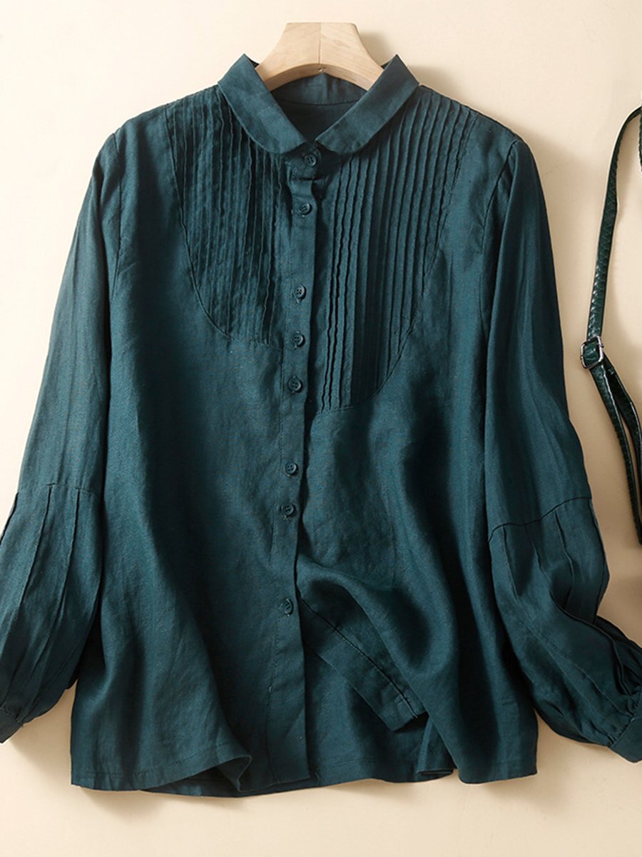 Polo Collar Long Sleeved Vintage Cotton And Linen Pleated Shirt