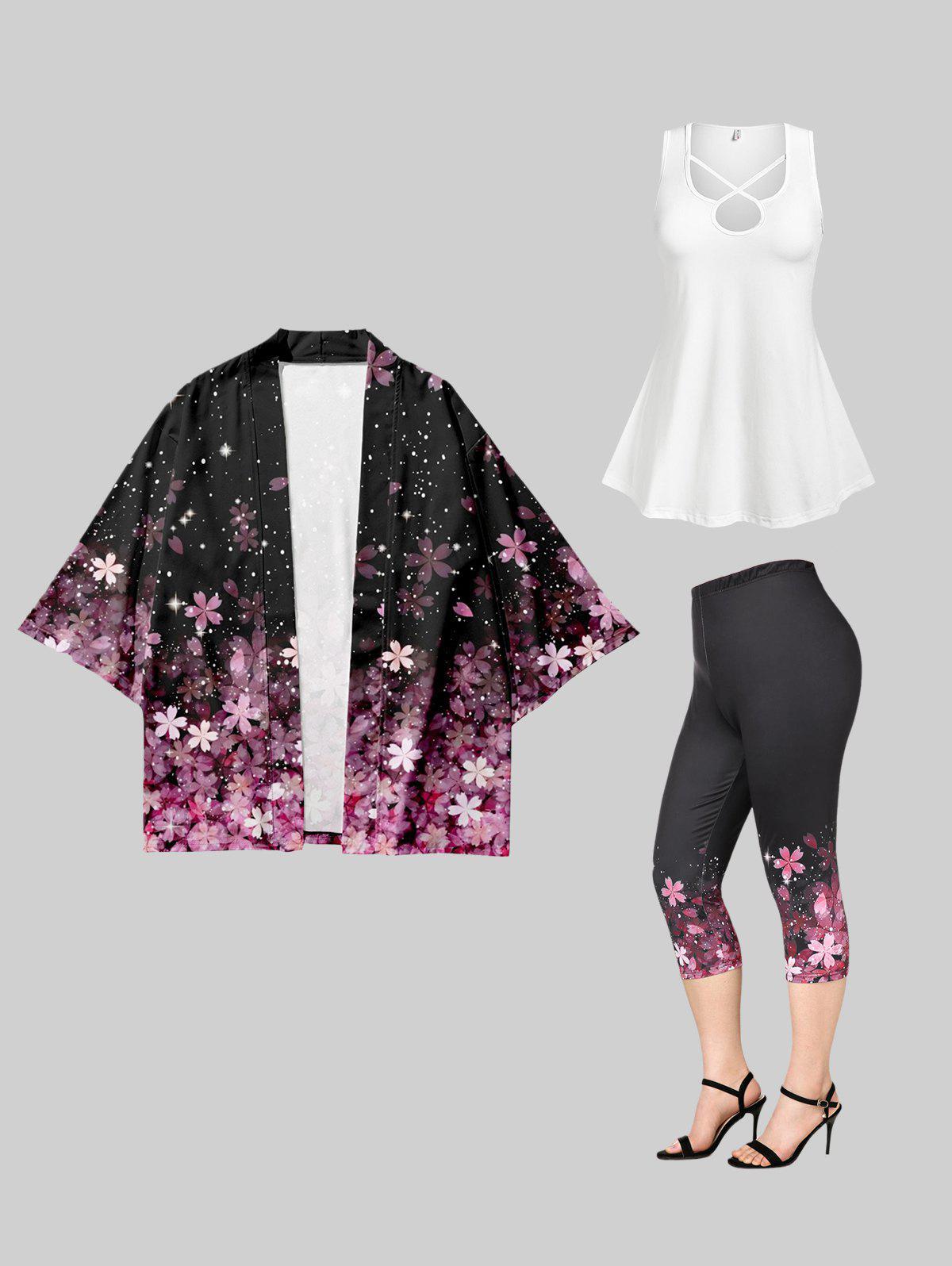 Sakura Flower Kimono and Crisscross Top and Capri Leggings Plus Size Summer Outfit