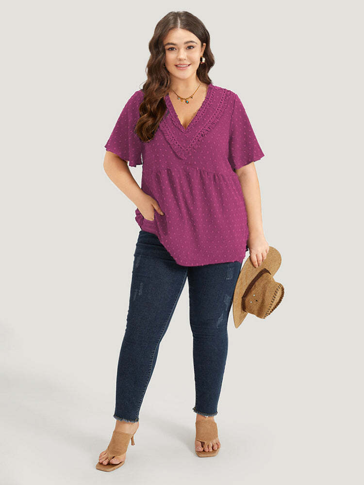 Polka Dot Frill Trim V Neck Flutter Blouse