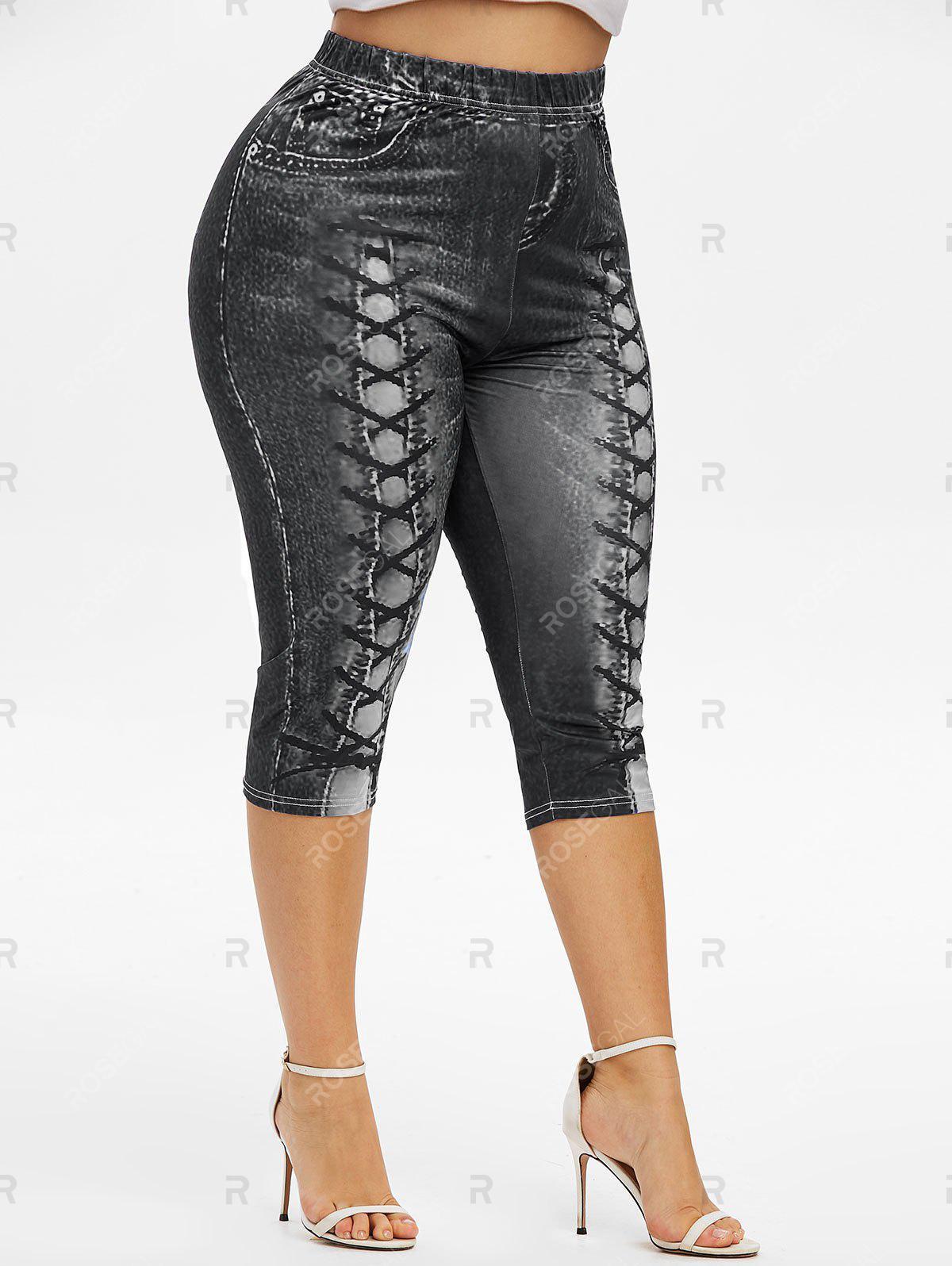 Plaid Cowl Neck Ruched Tee and 3D Lace Up Jean Print Leggings with Buttons Plus Size Outfit