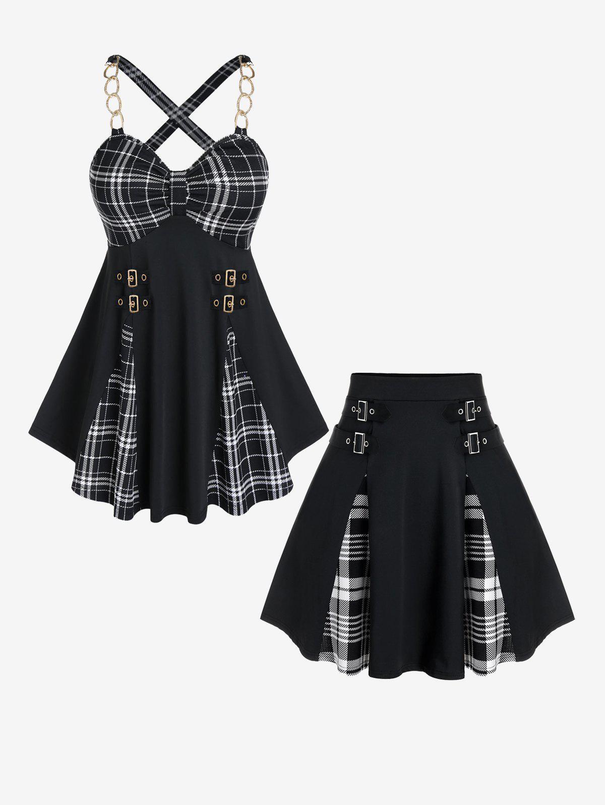 Plaid Crisscross Chains Tank Top and Plaid Buckles High Waisted Mini Skirt Plus Size Outfit