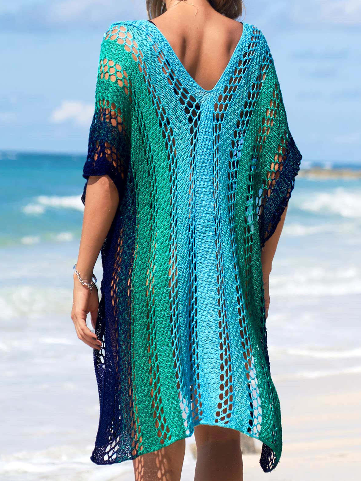 Color Block Hollow Out V Neck Cover Up
