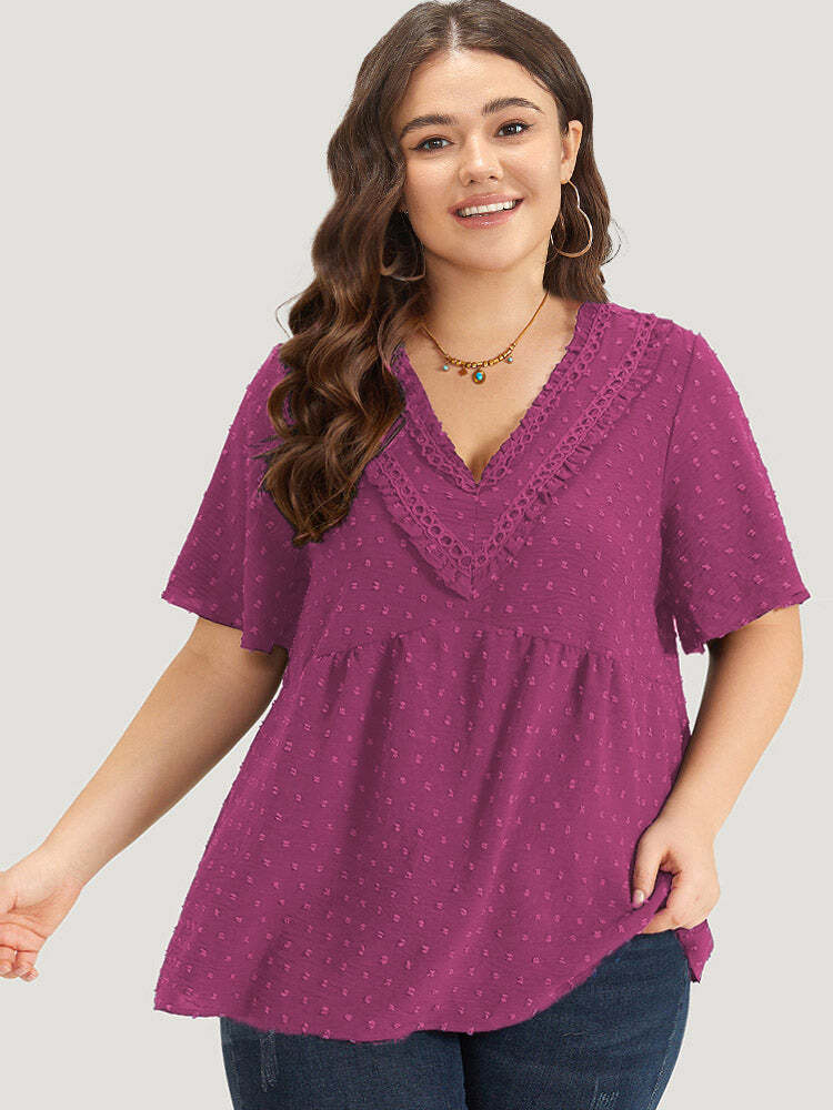 Polka Dot Frill Trim V Neck Flutter Blouse
