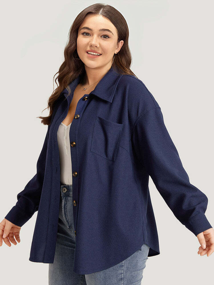 Plain Shirt Collar Button Through Pocket Waffle Knit Coat
