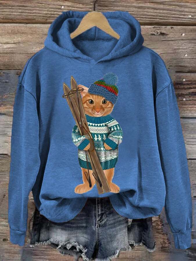 Women's Winter Ginger Ski Cat Print Hoodie