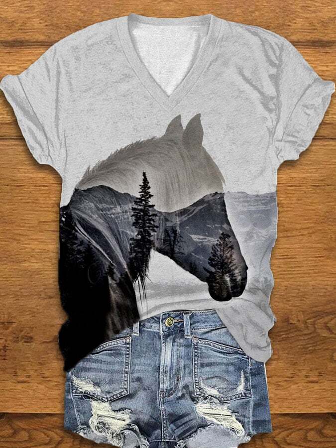 Women's Vintage Western Horse Forest Print V Neck T-Shirt