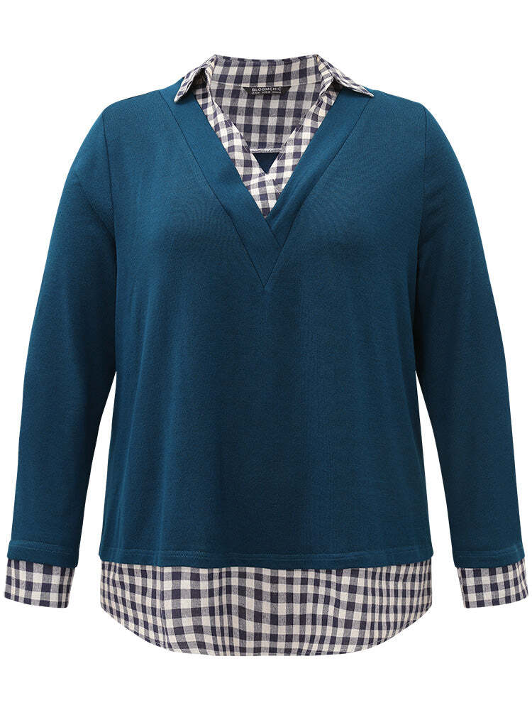 (🔥Last Day Promotion 49% OFF) - Gingham Patchwork Shirt Collar Arc Hem Sweatshirt