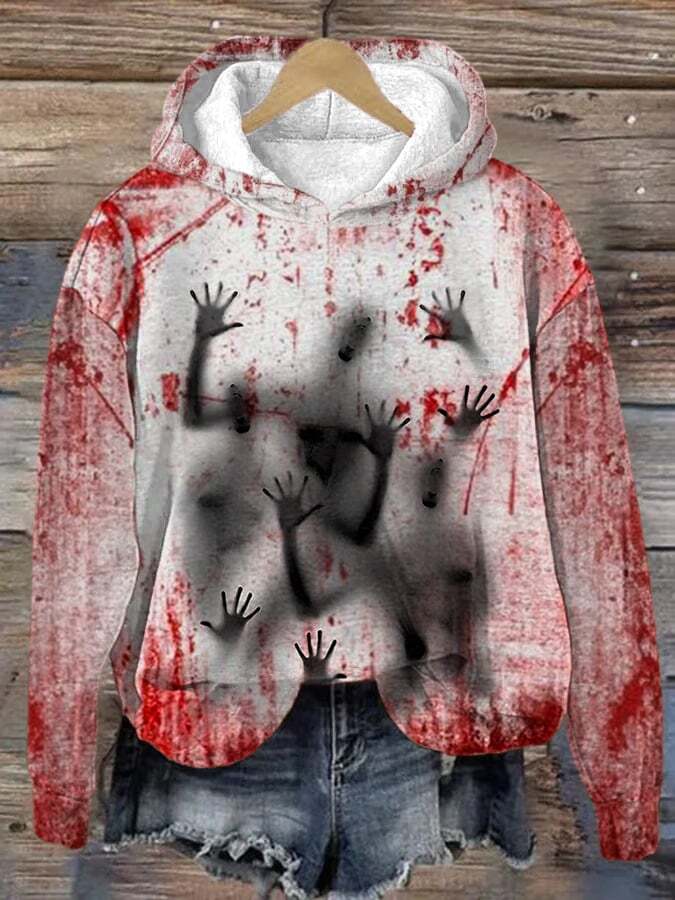 Women's Blood Stained Ghost Print Hooded Sweatshirt