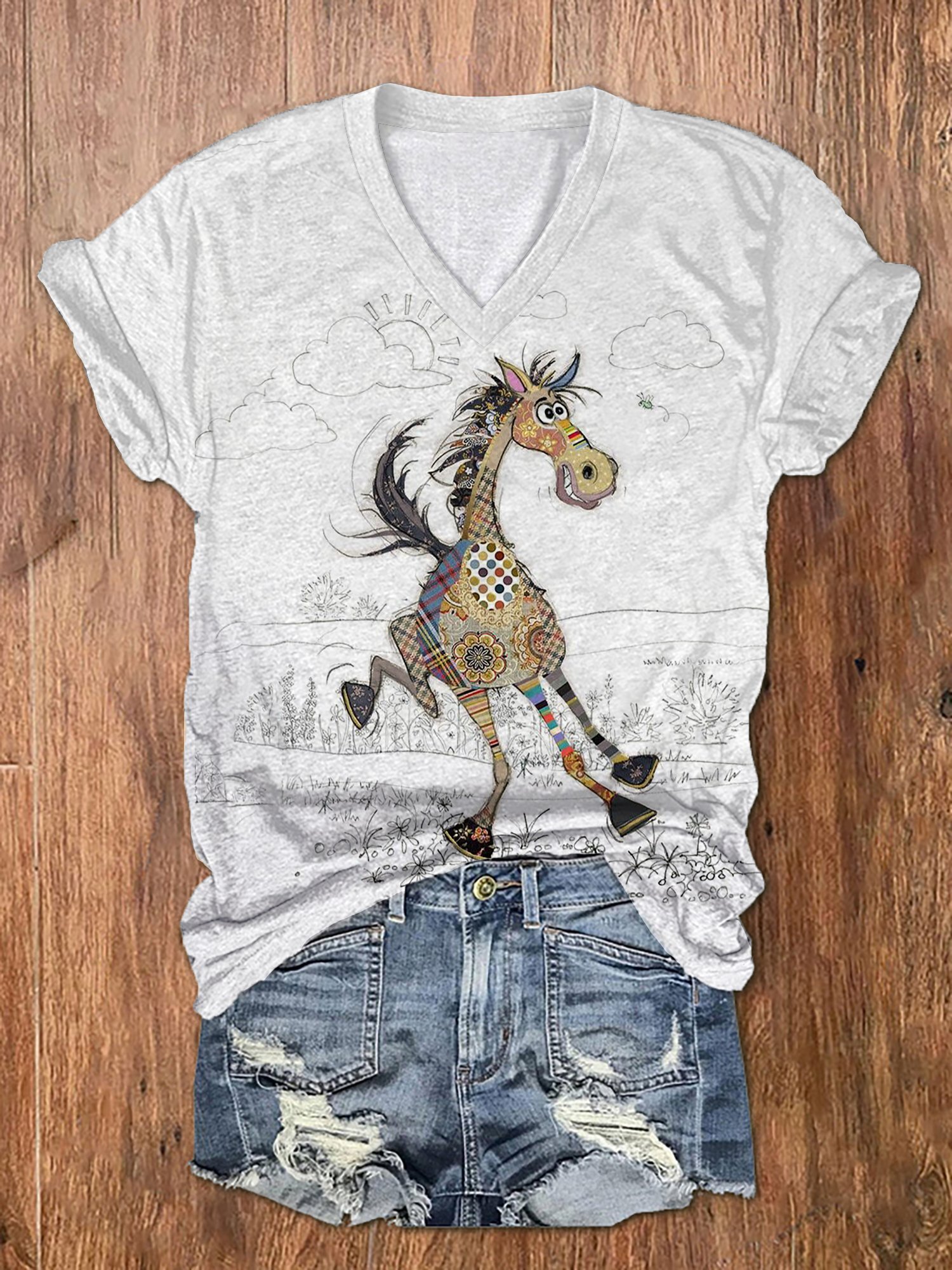 Women's Fun Horse Print V-Neck T-Shirt