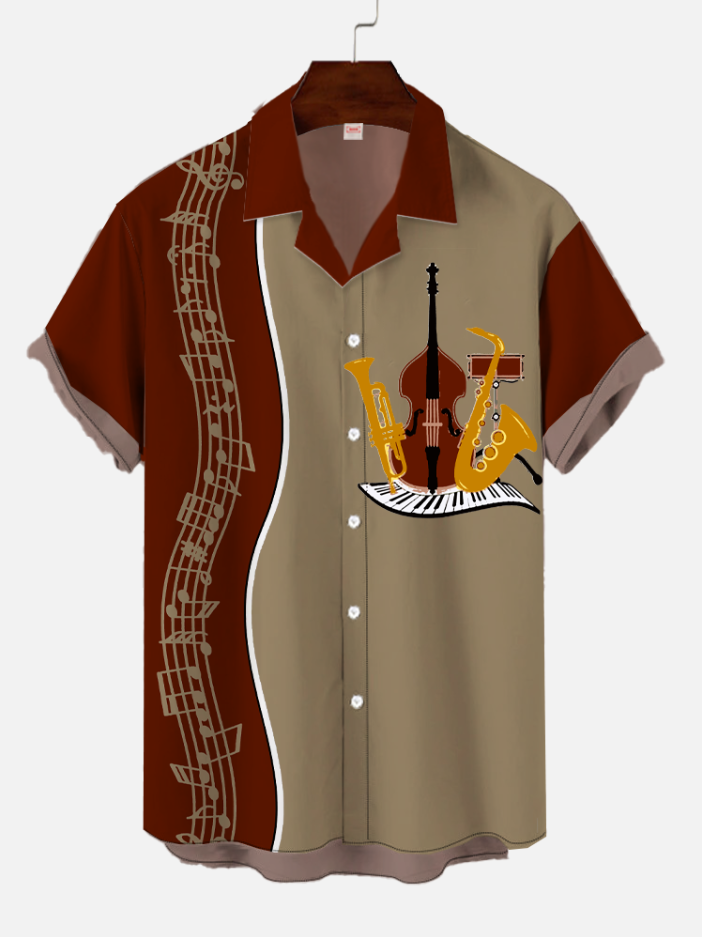 Creative Wavy Color Block Musical Instruments And Scores Printing Cuban Collar Short Sleeve Shirt