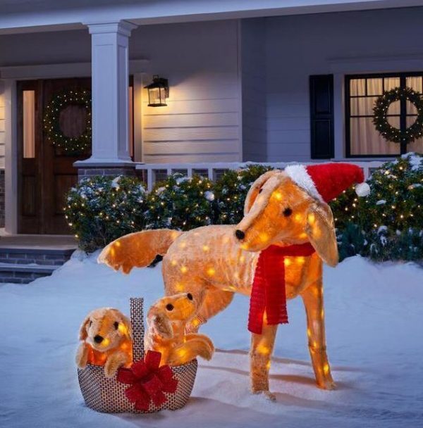 Christmas-2 piece adorable dogs led golden retriever with basket of puppies