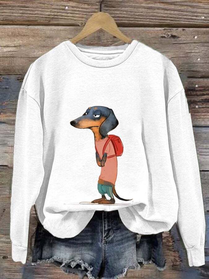 Women'S Cute Dog Print Crew Neck Casual Sweatshirt