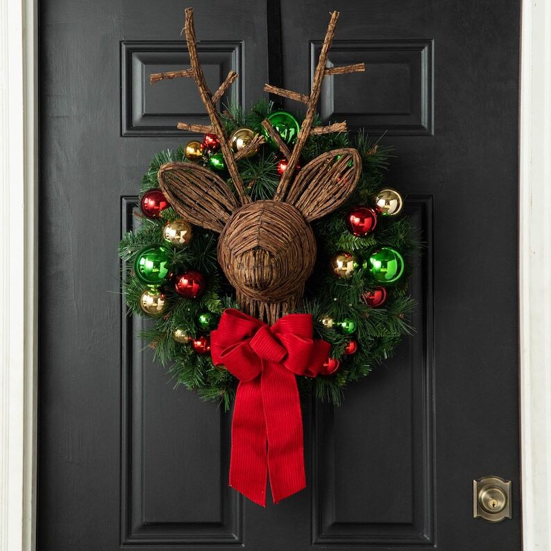 Multi Color PreLit Christmas Front Door Wreath with Rattan Deer Bust