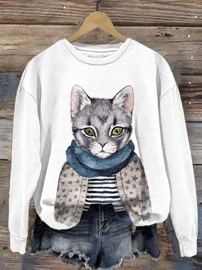 Women's Cat Print Casual Long Sleeve Sweatshirt