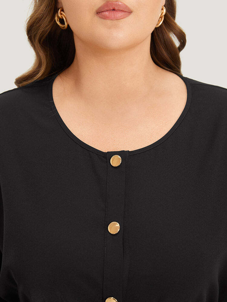 Anti-Wrinkle Plain Button Up Drawstring Tab Sleeve Blouse