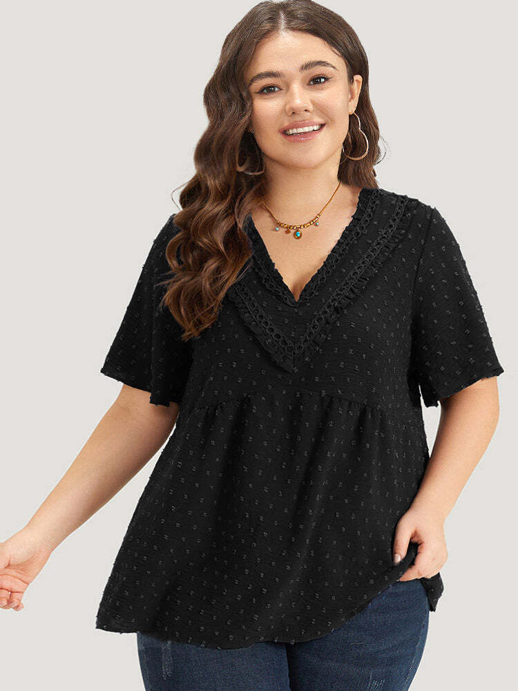 Polka Dot Frill Trim V Neck Flutter Blouse