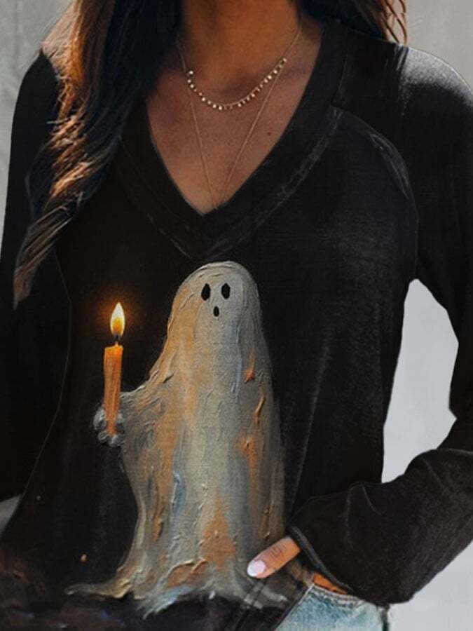 Retro Ghost Painting Candle Print T-Shirt