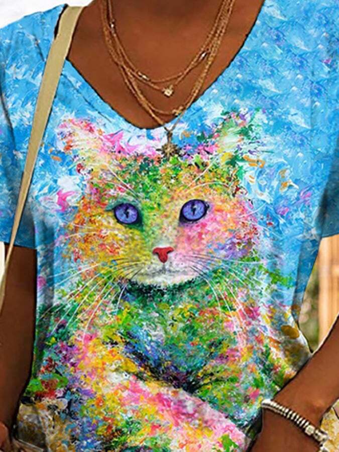 Watercolor Cat Print Short Sleeve T-Shirt