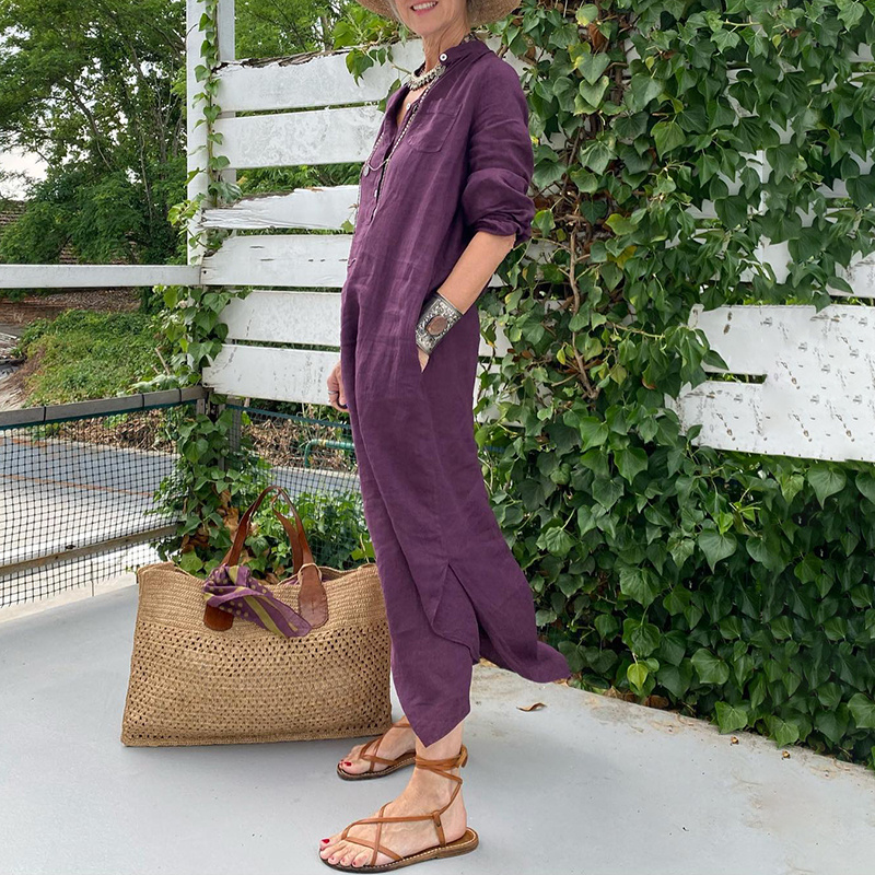Solid Color Comfortable Casual Loose Fitting Long Sleeved Maxi Dress